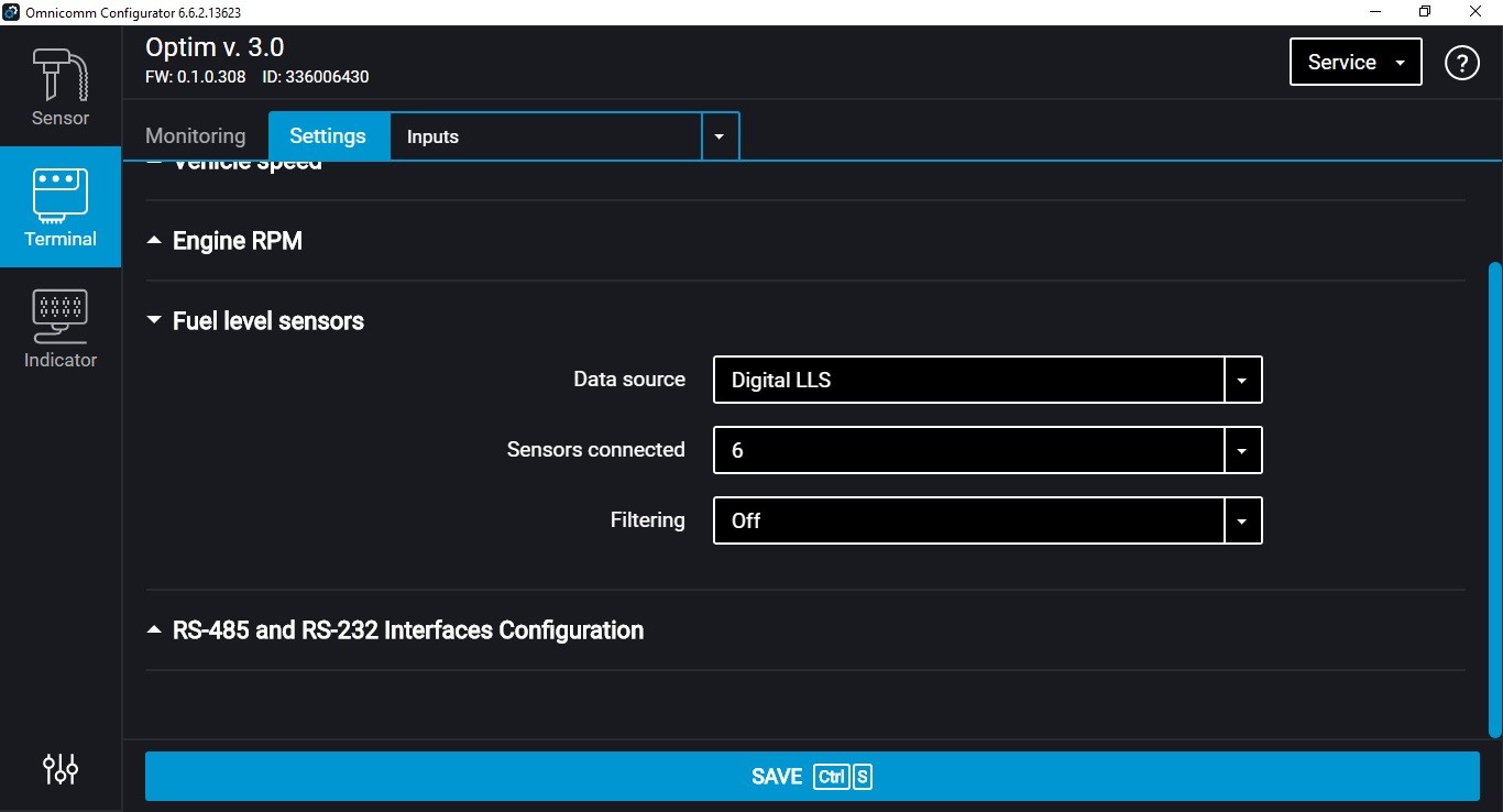 Omnicomm sensor settings