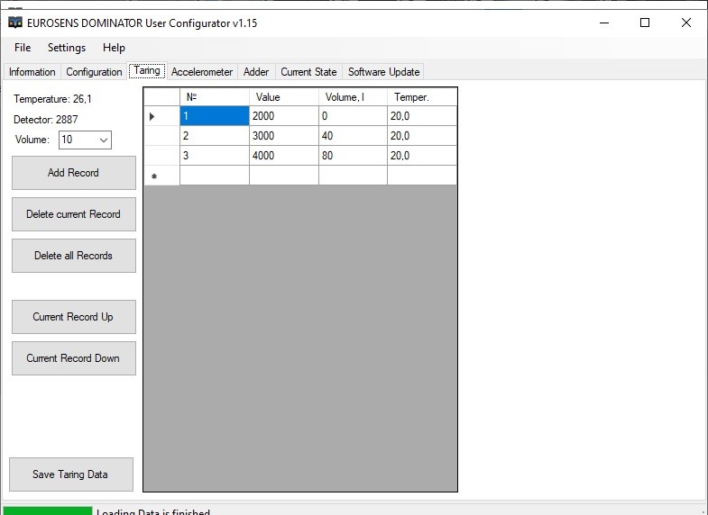 Sensor 1 tank calibration